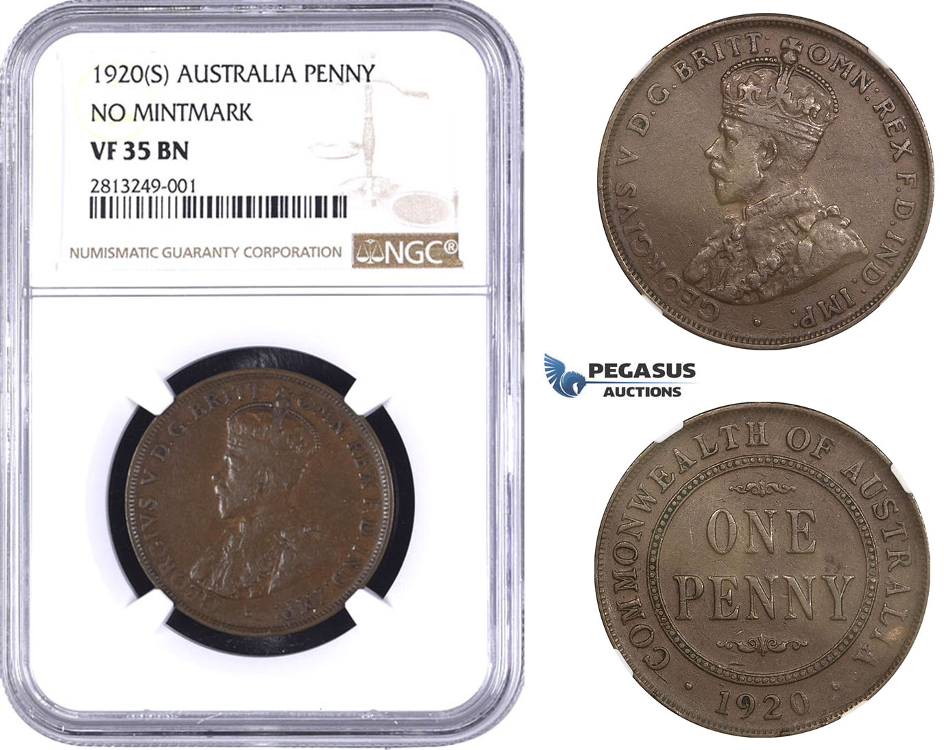 AA343-R, Australia, George V, Penny 1920 (S) No Mintmark, Sydney, NGC VF35BN