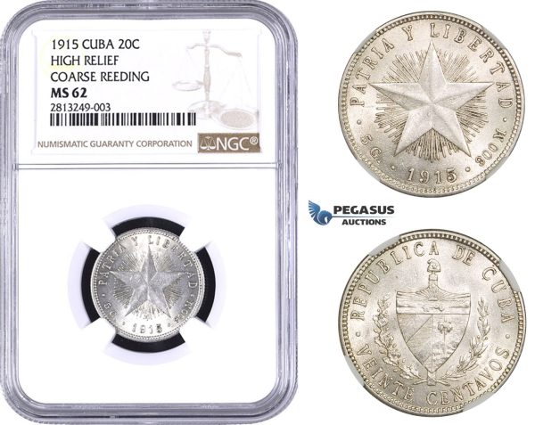 AA344-R, Cuba, 20 Centavos 1915, Philadelphia, Silver, High Relief, Coarse Reeding, NGC MS62, Rare!