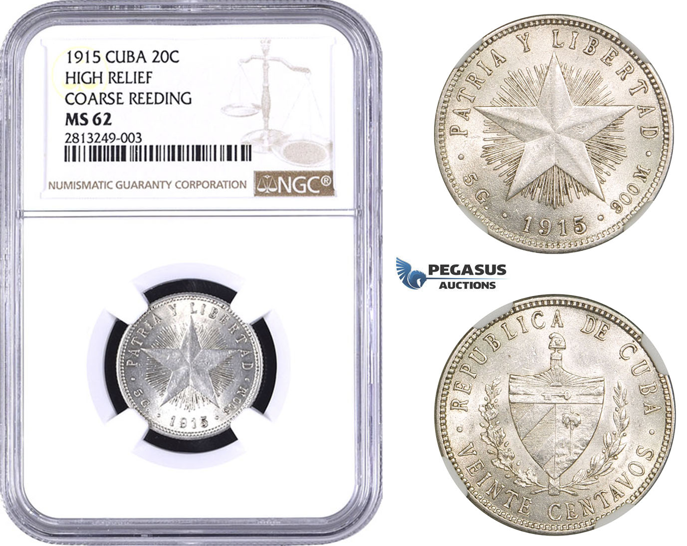 AA344-R, Cuba, 20 Centavos 1915, Philadelphia, Silver, High Relief, Coarse Reeding, NGC MS62, Rare!