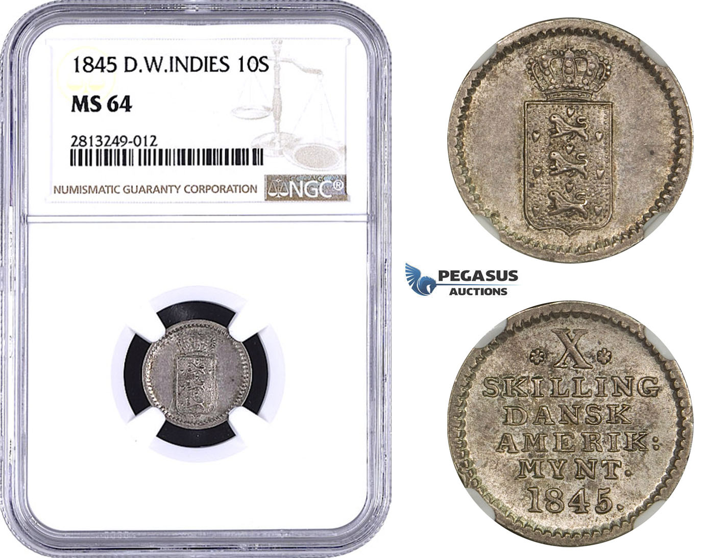 AA347-R, Danish West Indies, 10 Skilling 1845, Silver, NGC MS64