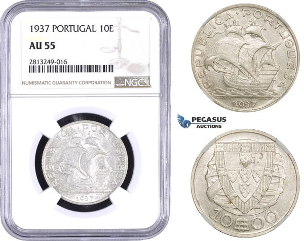 AA353-R, Portugal, 10 Escudos 1937, Silver, NGC AU55, Rare!