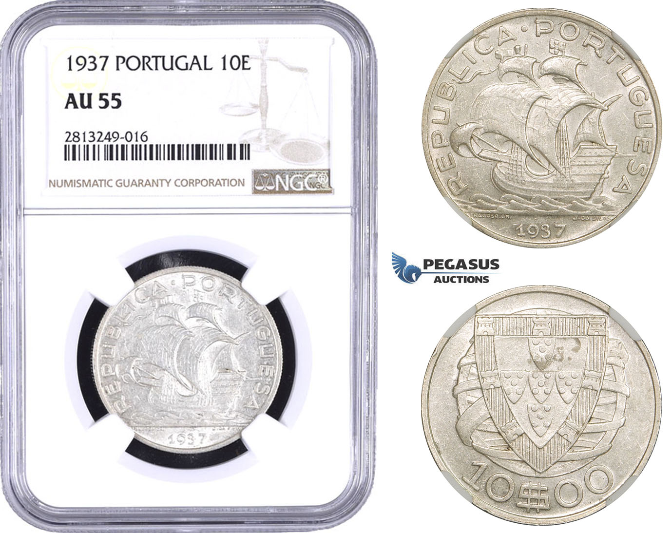 AA353-R, Portugal, 10 Escudos 1937, Silver, NGC AU55, Rare!