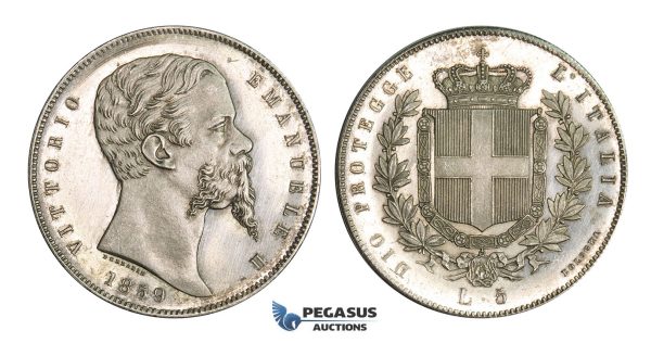 AA363, Italy, Emilia, Vittorio Emanuele II, 5 Lire 1859, Bologna, Silver, Proof, Extremely Rare!