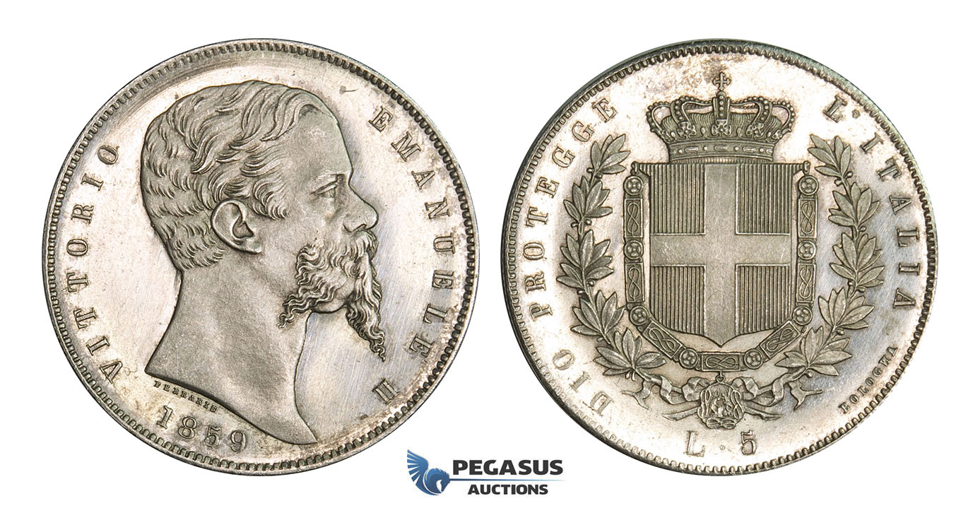 AA363, Italy, Emilia, Vittorio Emanuele II, 5 Lire 1859, Bologna, Silver, Proof, Extremely Rare!