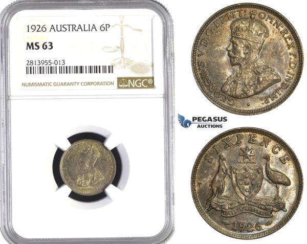 AA371, Australia, George V, Sixpence (6P) 1926, Silver, NGC MS63