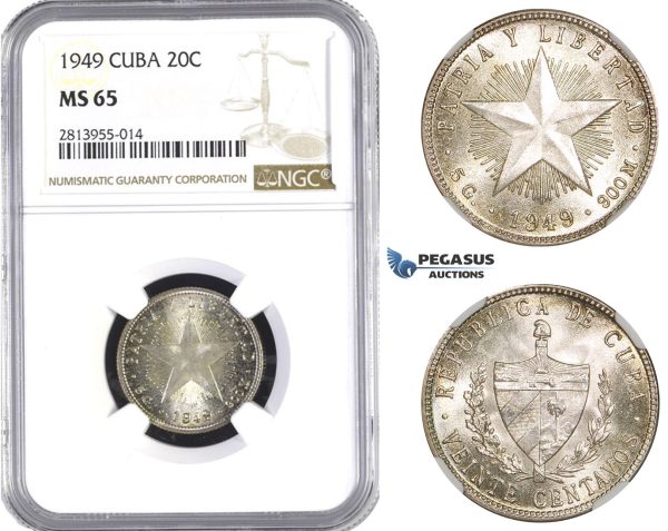AA379, Cuba, 20 Centavos 1949, Philadelphia, Silver, NGC MS65