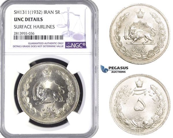 AA406, Iran, Reza Shah, 5 Rials SH1311(1932) Silver, NGC UNC Details