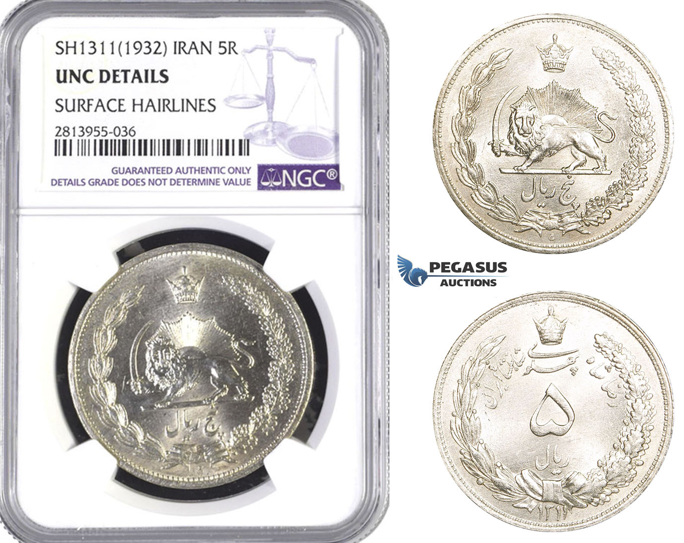 AA406, Iran, Reza Shah, 5 Rials SH1311(1932) Silver, NGC UNC Details