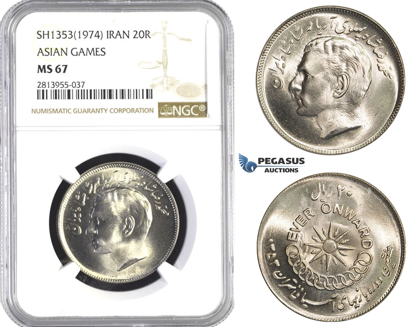 AA407, Iran, Mohammad Reza Pahlavi Shah, 20 Rials SH1353 (1974) NGC MS67, Pop 1/0
