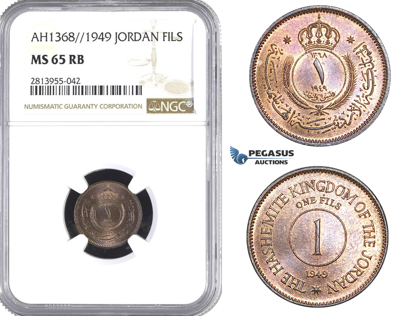 AA412, Jordan, Abdullah Ibn Al-Hussein, 1 Fils AH1368/1949, NGC MS65RB, Pop 2/0