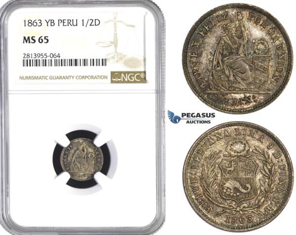 AA433, Peru, 1/2 Dinero 1863 LIMA YB, Lima, Silver, NGC MS65