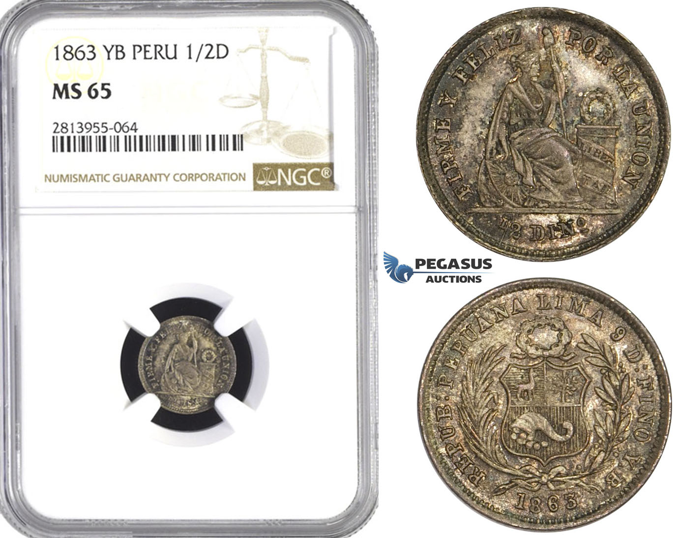 AA433, Peru, 1/2 Dinero 1863 LIMA YB, Lima, Silver, NGC MS65