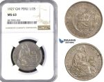 AA434, Peru, 1/2 Sol 1927 LIMA GM, Lima, Silver, NGC MS63