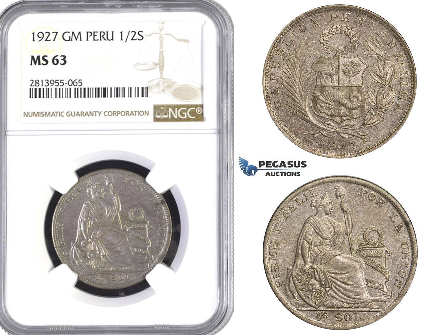 AA434, Peru, 1/2 Sol 1927 LIMA GM, Lima, Silver, NGC MS63
