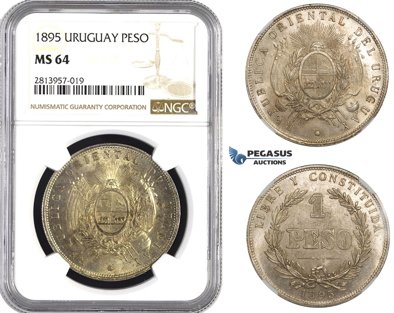 AA446, Uruguay, Peso 1895, Buenos Aires, Silver, NGC MS64, Rare!