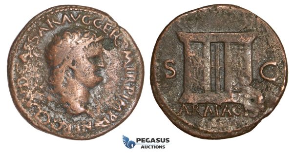 AA466, Roman Empire, Nero (54-68 AD) Æ As (10.14g) Lugdunum, 65 AD, Altar F-VF