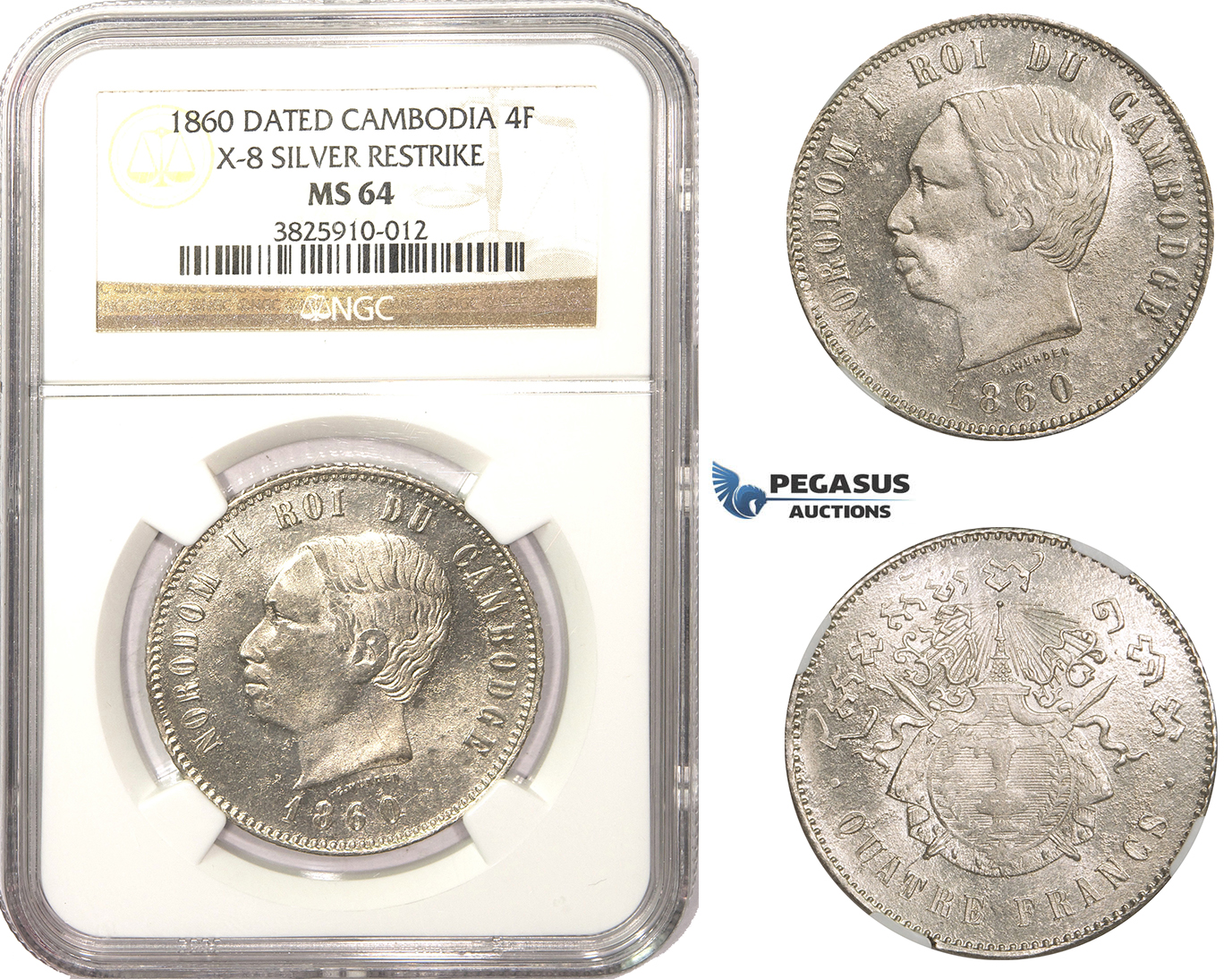 AA470, Cambodia, Norodom I, 4 Francs 1860, Phnom Penh, Silver, NGC MS64
