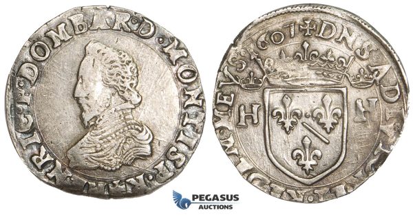 AA474, France, Dombes, Henri II de Montpensier, Teston 1607, Trévoux, Silver (9.58g) XF