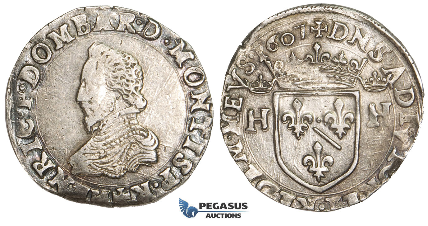 AA474, France, Dombes, Henri II de Montpensier, Teston 1607, Trévoux, Silver (9.58g) XF