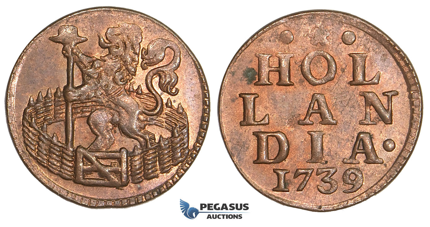 AA495, Netherlands, Holland, Duit 1739, Copper, Red UNC