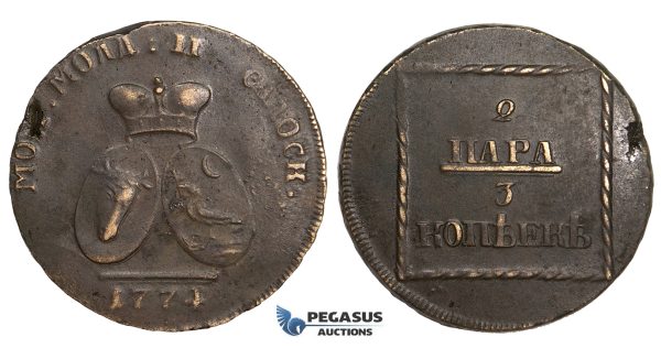 AA503, Moldavia & Wallachia (Russia, Romania) 2 Para/3 Kopeks 1774, Copper, XF, Rare