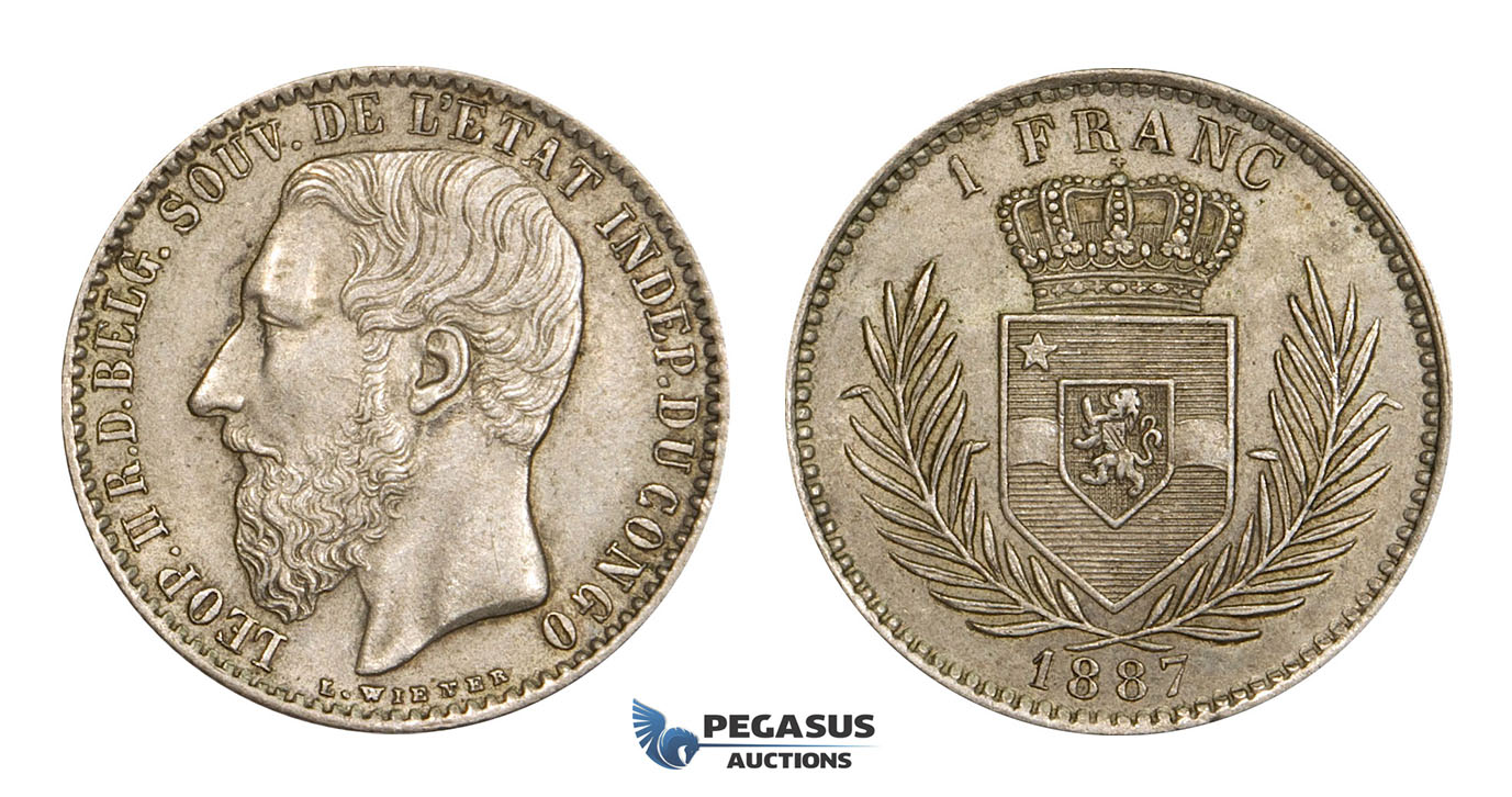 AA522, Belgian Congo, Leopold II, 1 Franc 1887, Silver, AU-UNC