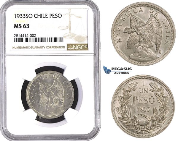 AA524, Chile, Peso 1933-SO, Santiago, NGC MS63