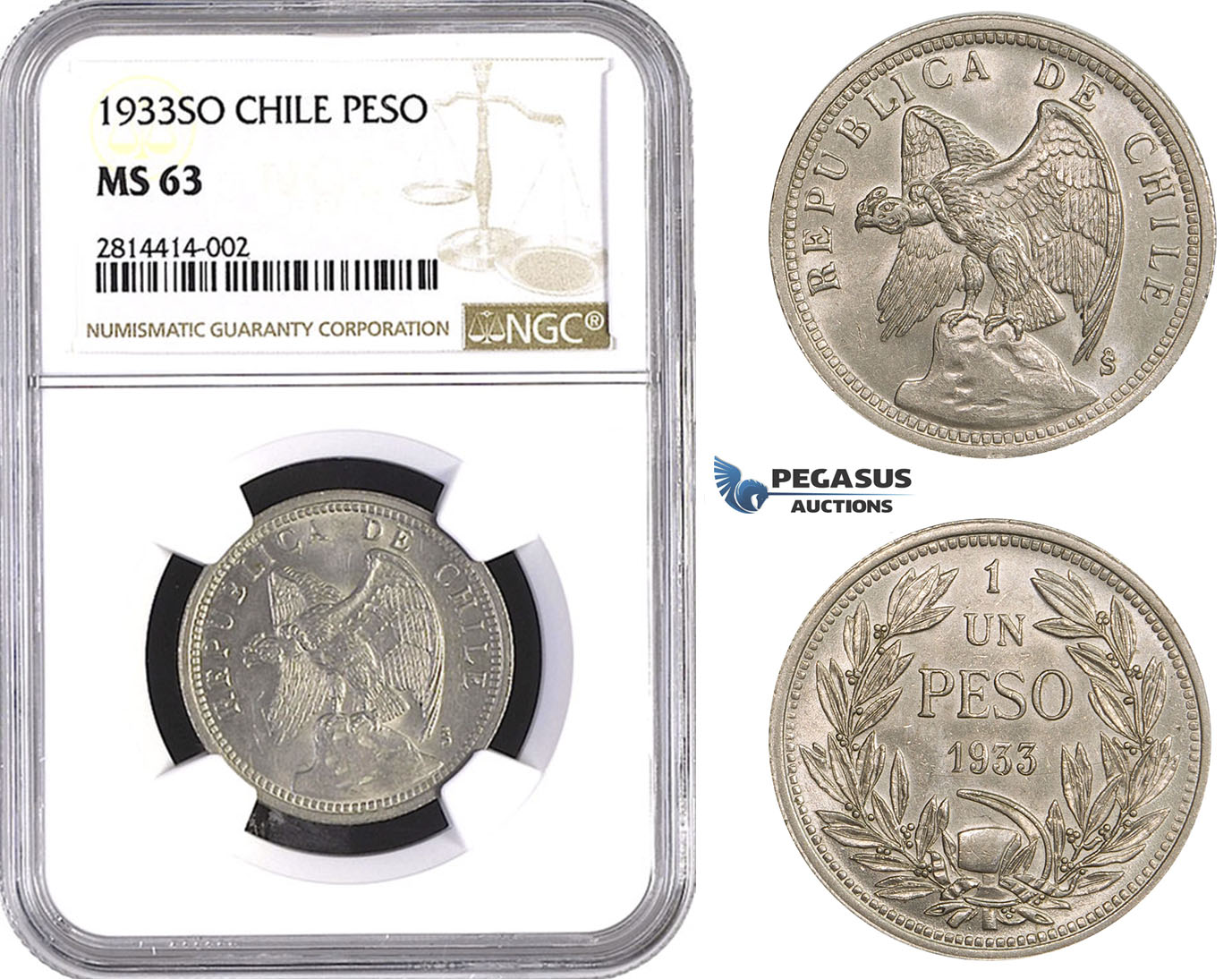 AA524, Chile, Peso 1933-SO, Santiago, NGC MS63