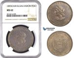 AA526, El Salvador, Peso 1893 C.A.M, San Salvador, Silver, NGC MS62, Pop 6/1