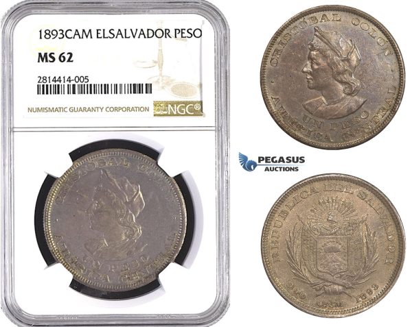 AA526, El Salvador, Peso 1893 C.A.M, San Salvador, Silver, NGC MS62, Pop 6/1