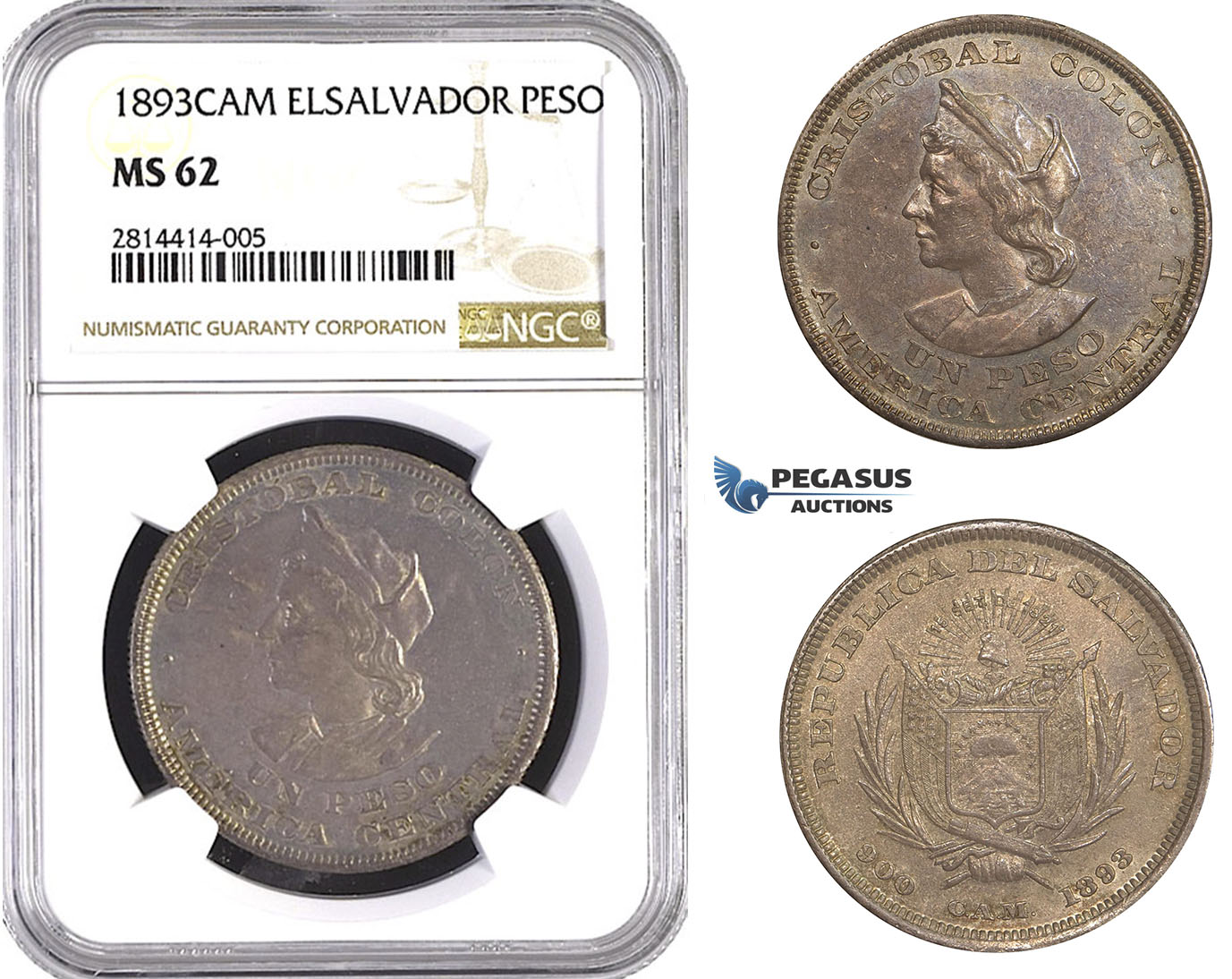 AA526, El Salvador, Peso 1893 C.A.M, San Salvador, Silver, NGC MS62, Pop 6/1