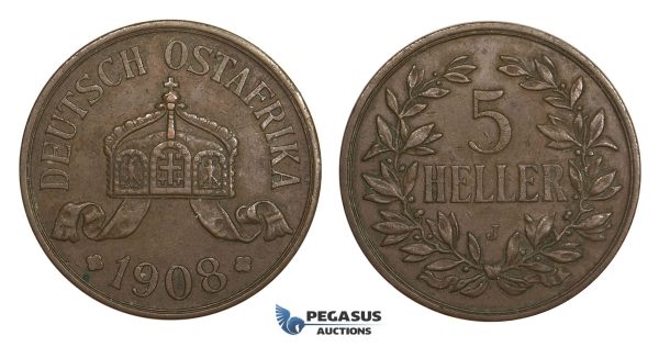 AA540, German East Africa (DOA) 5 Heller 1908-J, Hamburg, VF-XF