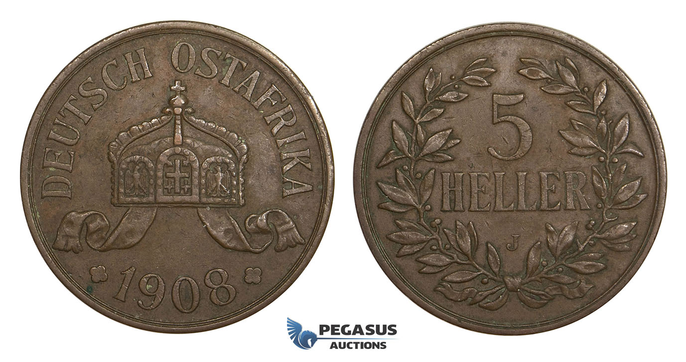 AA540, German East Africa (DOA) 5 Heller 1908-J, Hamburg, VF-XF