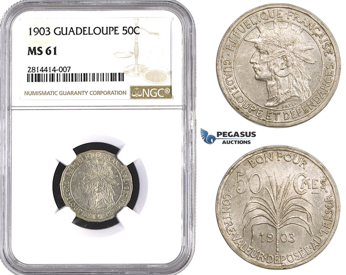 AA542, Guadeloupe, 50 Centimes 1903, NGC MS61