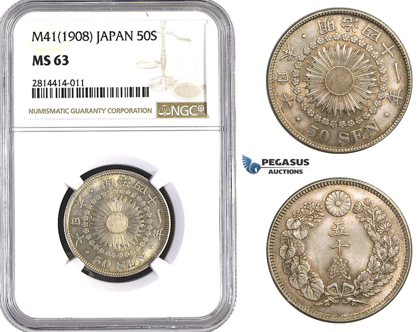 AA551, Japan, Meiji, 50 Sen Year 41 (1908) Silver, NGC MS63