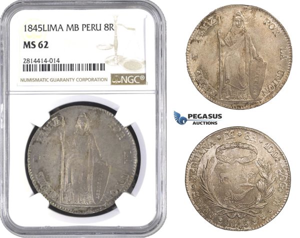 AA555, Peru, 8 Reales 1845 LIMA MB, Lima, Silver, NGC MS62, Pop 1/1
