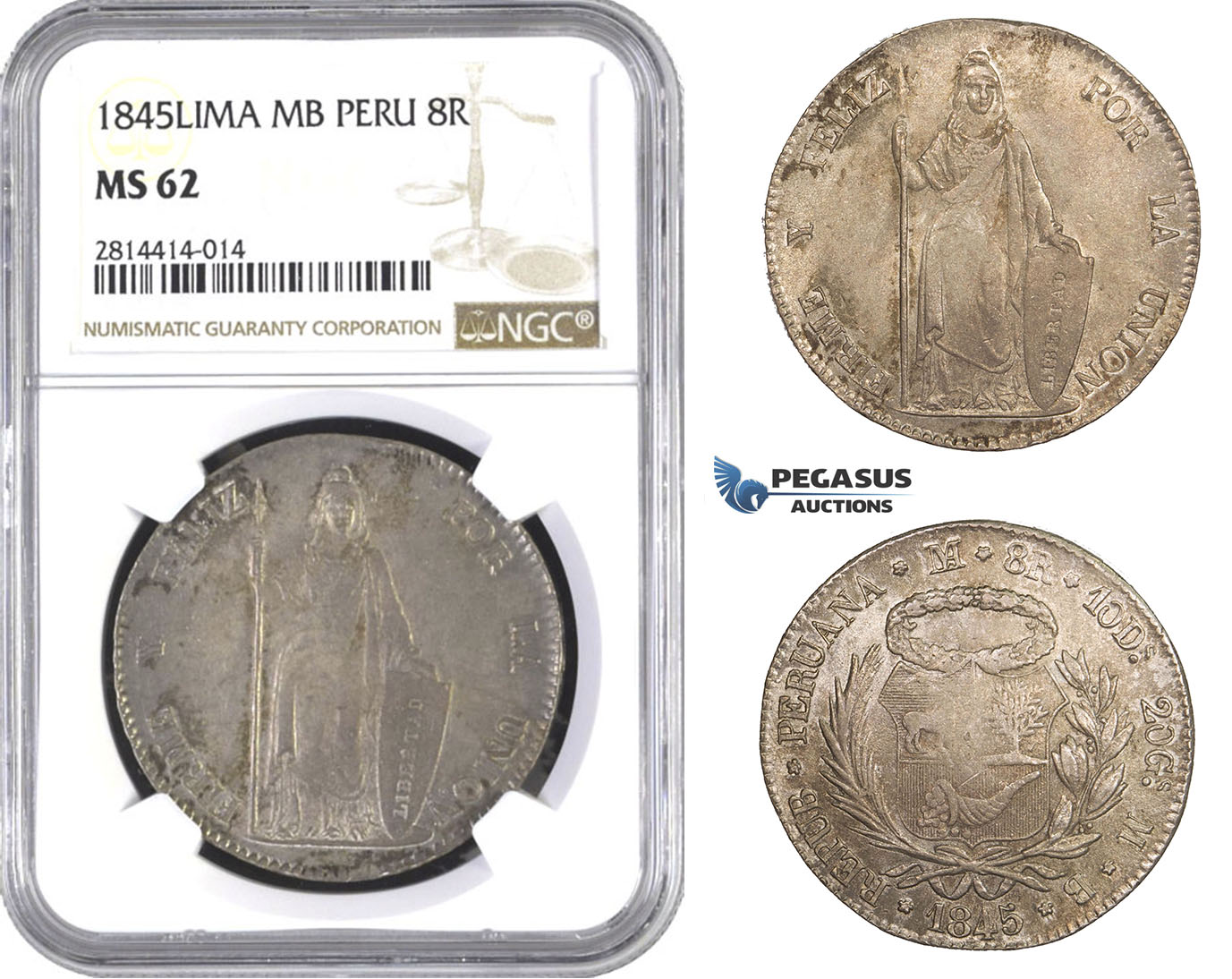 AA555, Peru, 8 Reales 1845 LIMA MB, Lima, Silver, NGC MS62, Pop 1/1