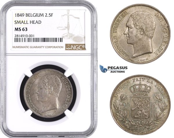 AA640, Belgium, Leopold I, 2 1/2 Francs 1849, Brussels, Silver, NGC MS63 (Small Head)