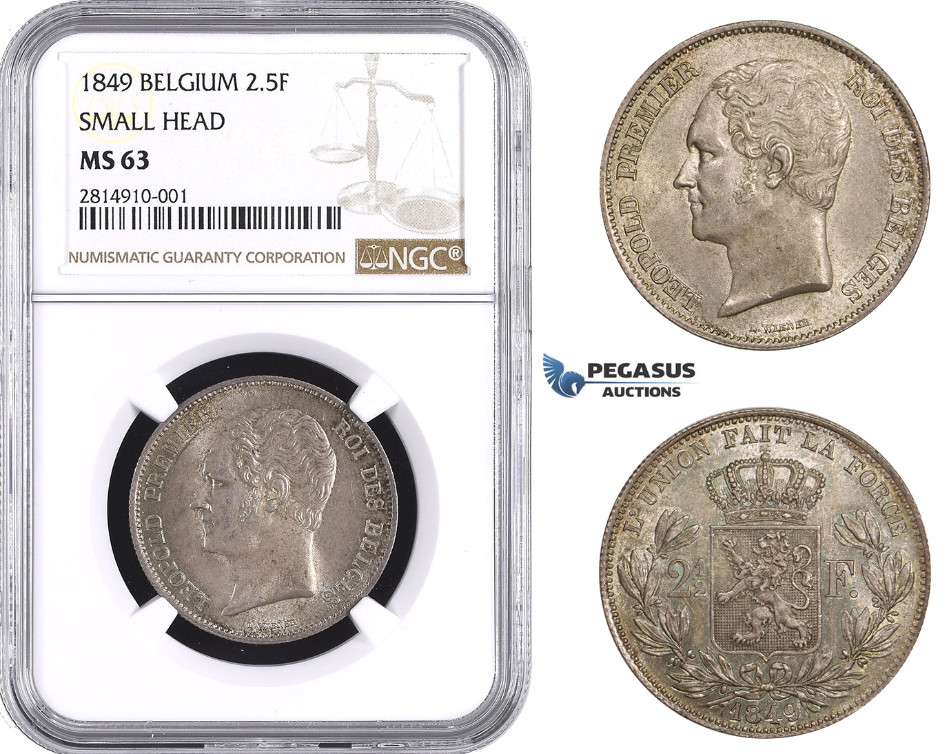 AA640, Belgium, Leopold I, 2 1/2 Francs 1849, Brussels, Silver, NGC MS63 (Small Head)