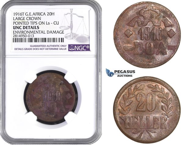 AA682, German East Africa (DOA) 20 Heller 1916-T, Tabora, Small Crown, Pointed Tips on L's, NGC UNC Det., Slab Error