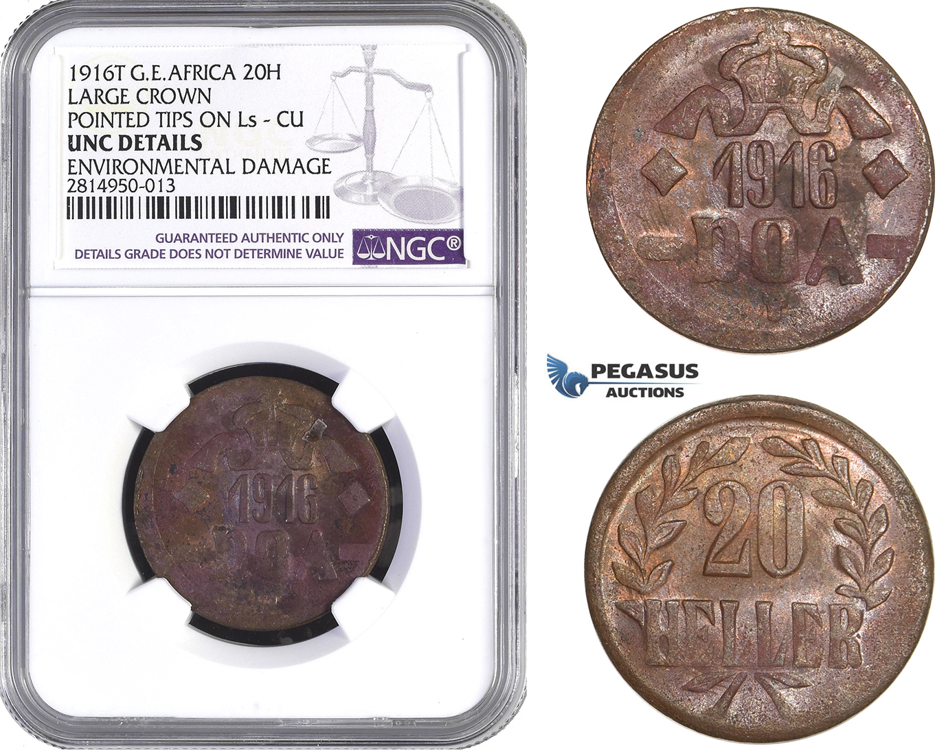AA682, German East Africa (DOA) 20 Heller 1916-T, Tabora, Small Crown, Pointed Tips on L's, NGC UNC Det., Slab Error