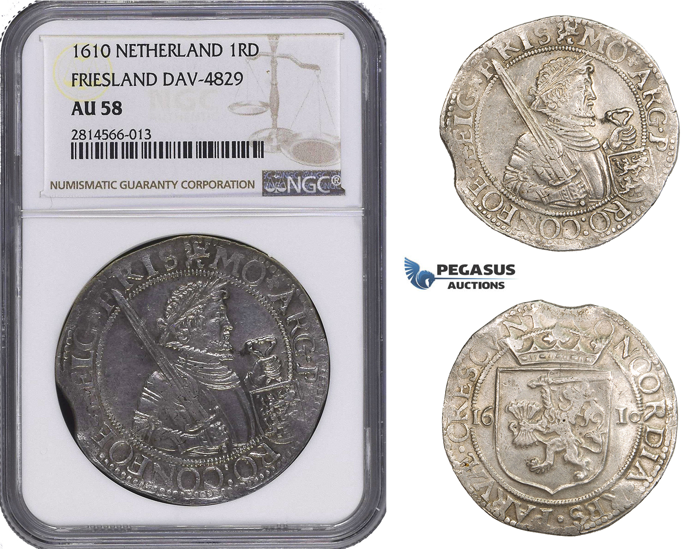 AA699, Netherlands, Friesland, 1 Daalder 1610, Silver, Dav. 4829, NGC AU58