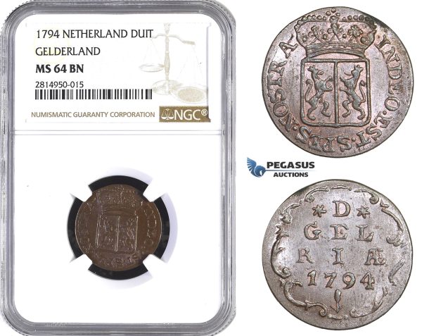 AA700, Netherlands, Gelderland, Duit 1794, NGC MS64BN, Pop 3/0