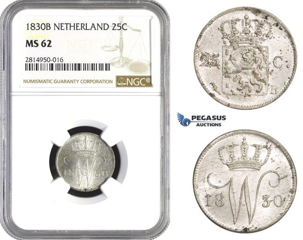 AA701, Netherlands, Willem I, 25 Cents 1830, Brussels, Silver, NGC MS62, Pop 1/0, Rare!