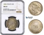 AA714, Straits Settlements, Victoria, 50 Cents 1896, Silver, NGC MS63, Pop 2/0, Very Rare!