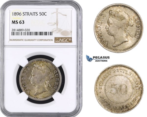 AA714, Straits Settlements, Victoria, 50 Cents 1896, Silver, NGC MS63, Pop 2/0, Very Rare!