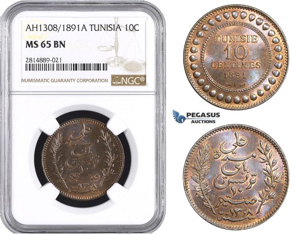AA717, Tunisia, French Protectorate, 10 Centimes AH1308/1891- A, Paris, NGC MS65BN, Pop 1/0