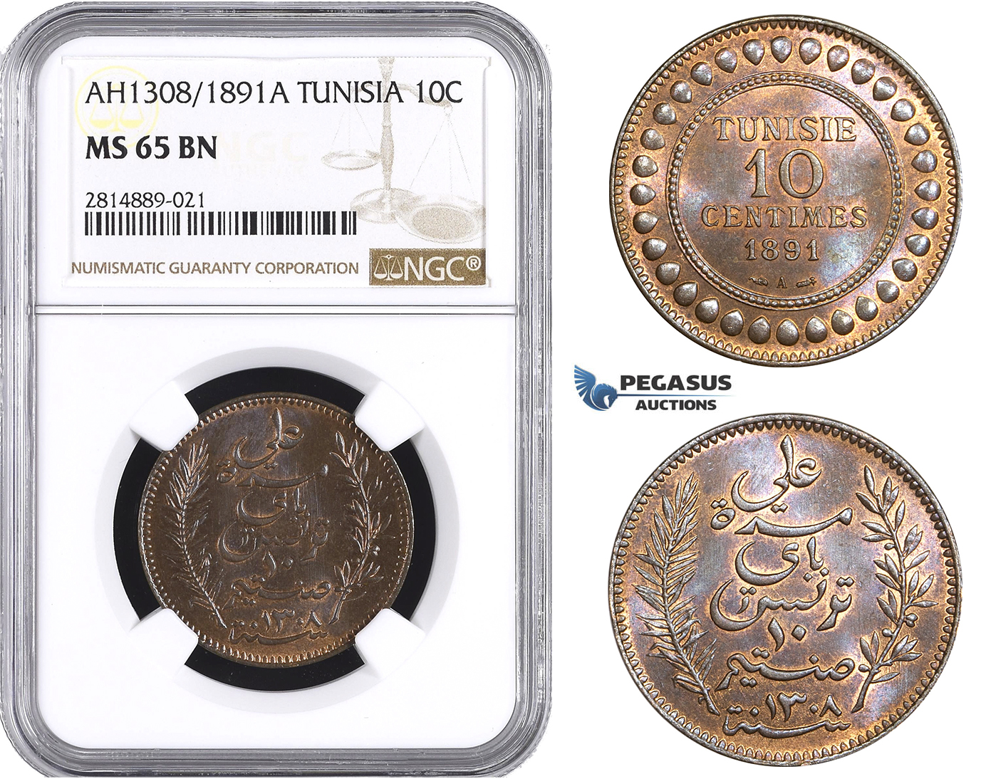 AA717, Tunisia, French Protectorate, 10 Centimes AH1308/1891- A, Paris, NGC MS65BN, Pop 1/0
