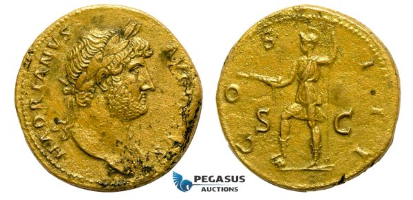 AA752, Roman Empire, Hadrian (117-138 AD) Æ Sestertius (25.02g) Rome, 125-128 AD., Virtus, Beautiful!