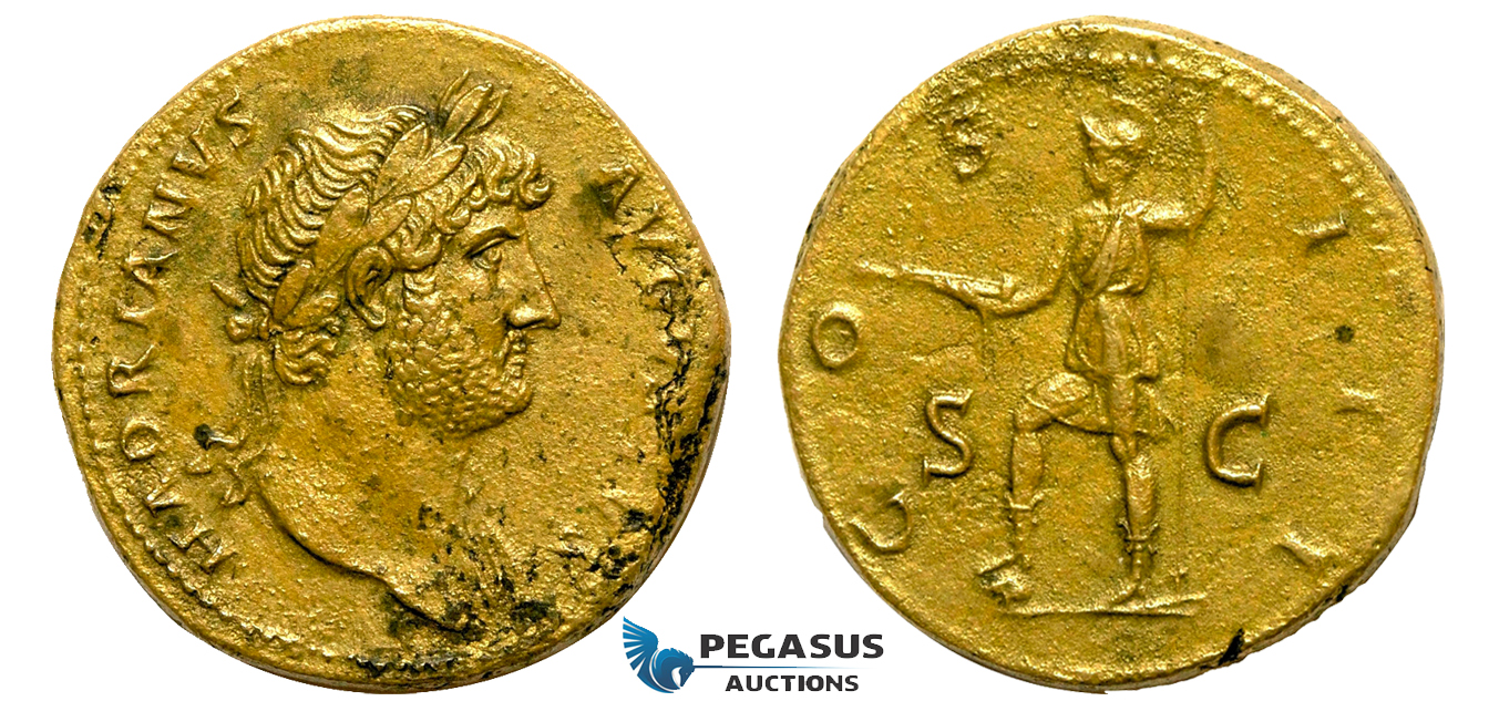 AA752, Roman Empire, Hadrian (117-138 AD) Æ Sestertius (25.02g) Rome, 125-128 AD., Virtus, Beautiful!